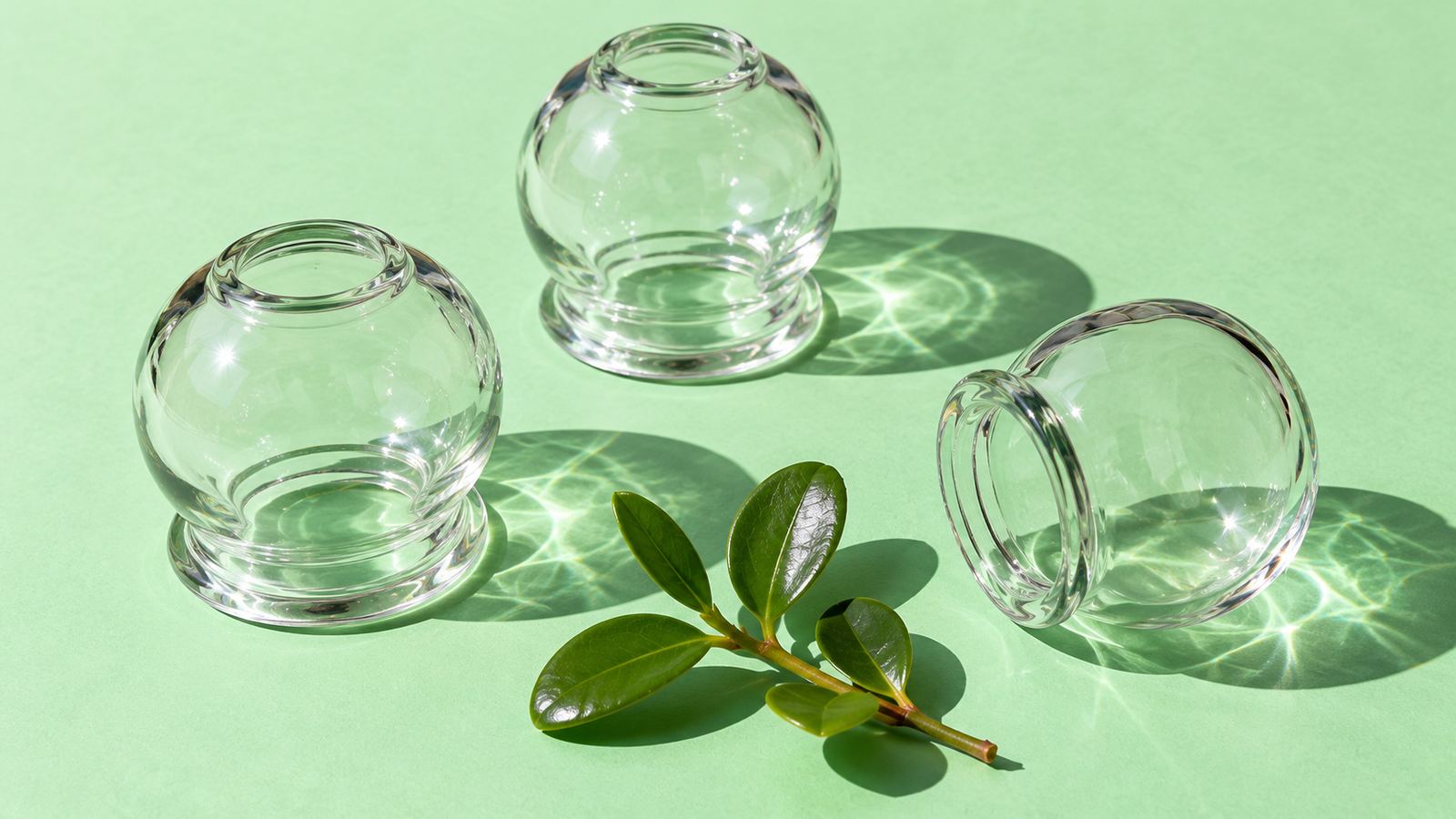 Three glass cupping cups and a sprig of green leaves on a mint background