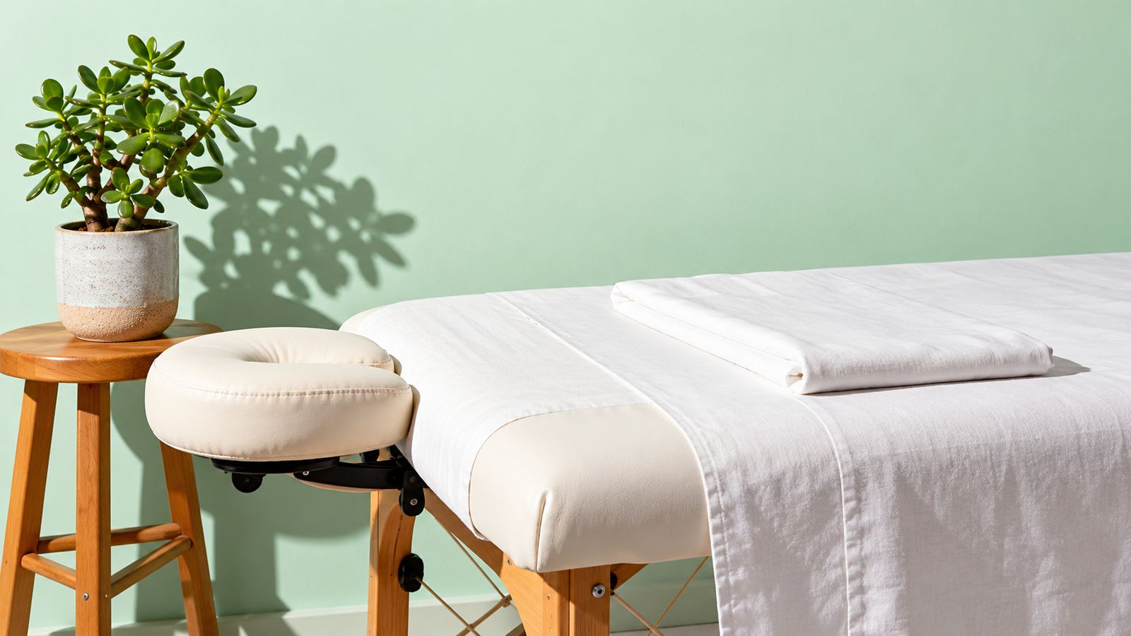 A treatment table with a face cradle and fresh linen beside a potted jade plant